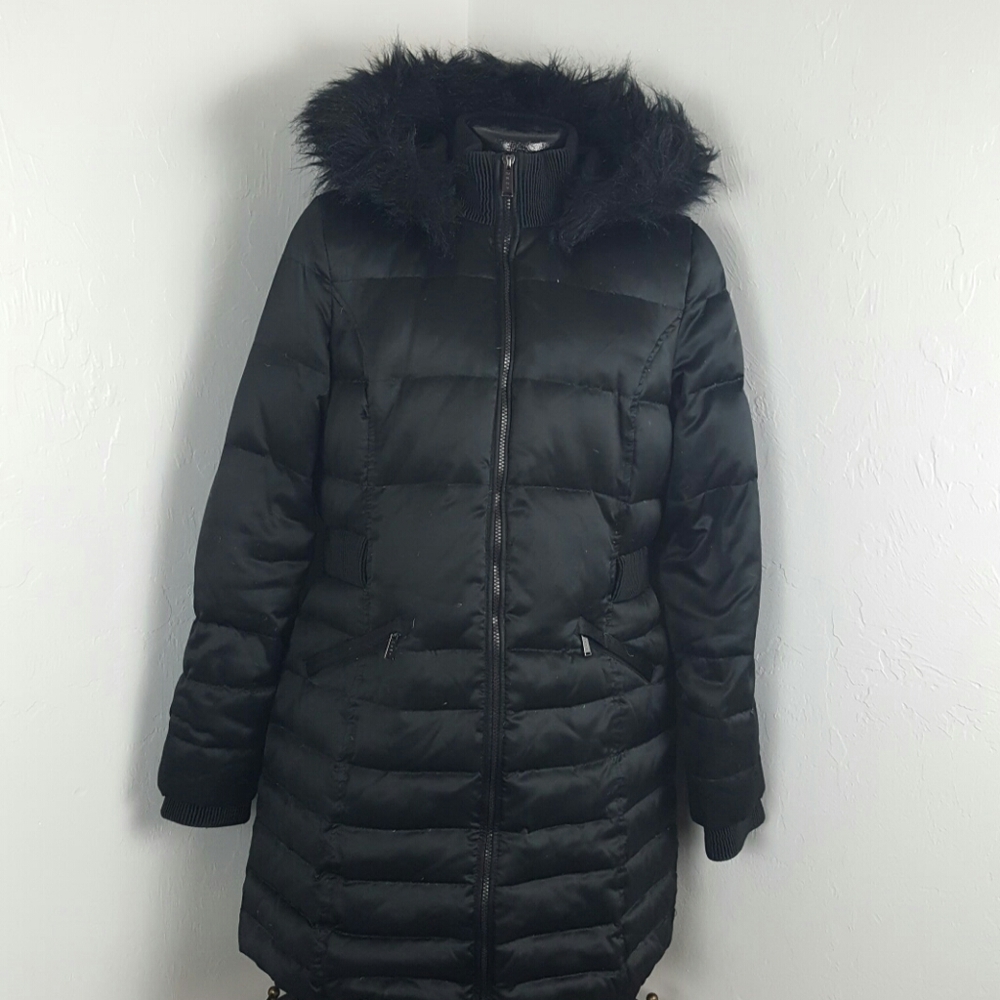 DKNY winter down waterproof black hoodie women jacket size L puffer